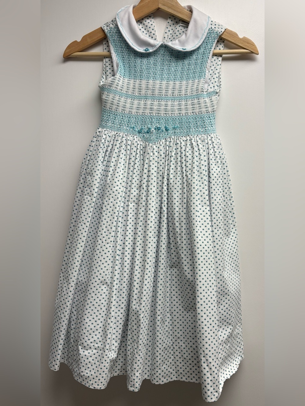 Sarah Louise England Hand Smocked Blue White Polka Dot Dress Girls 7Y